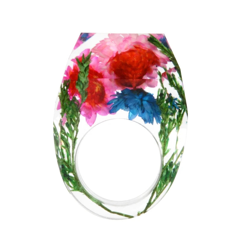 New Transparent Forest Handmade Dried Flower Resin Ring Colorful Ink Pattern Scenery for Women Fashion Jewelry Ring