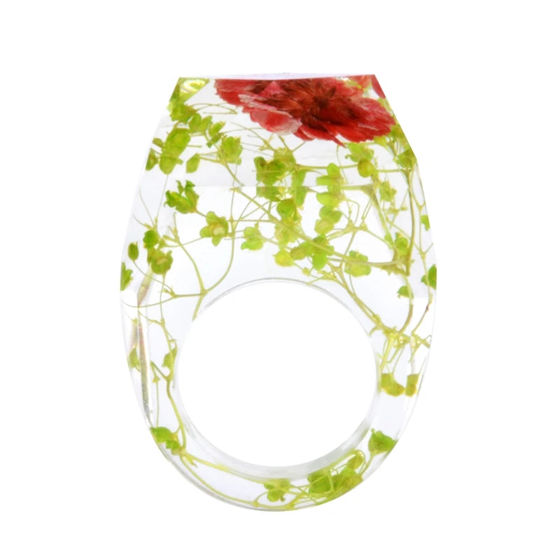 New Transparent Forest Handmade Dried Flower Resin Ring Colorful Ink Pattern Scenery for Women Fashion Jewelry Ring