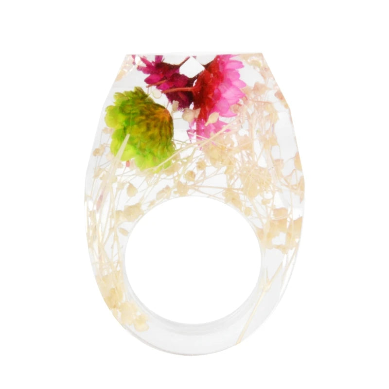 New Transparent Forest Handmade Dried Flower Resin Ring Colorful Ink Pattern Scenery for Women Fashion Jewelry Ring