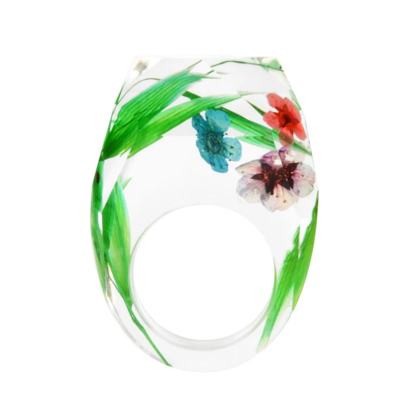 New Transparent Forest Handmade Dried Flower Resin Ring Colorful Ink Pattern Scenery for Women Fashion Jewelry Ring