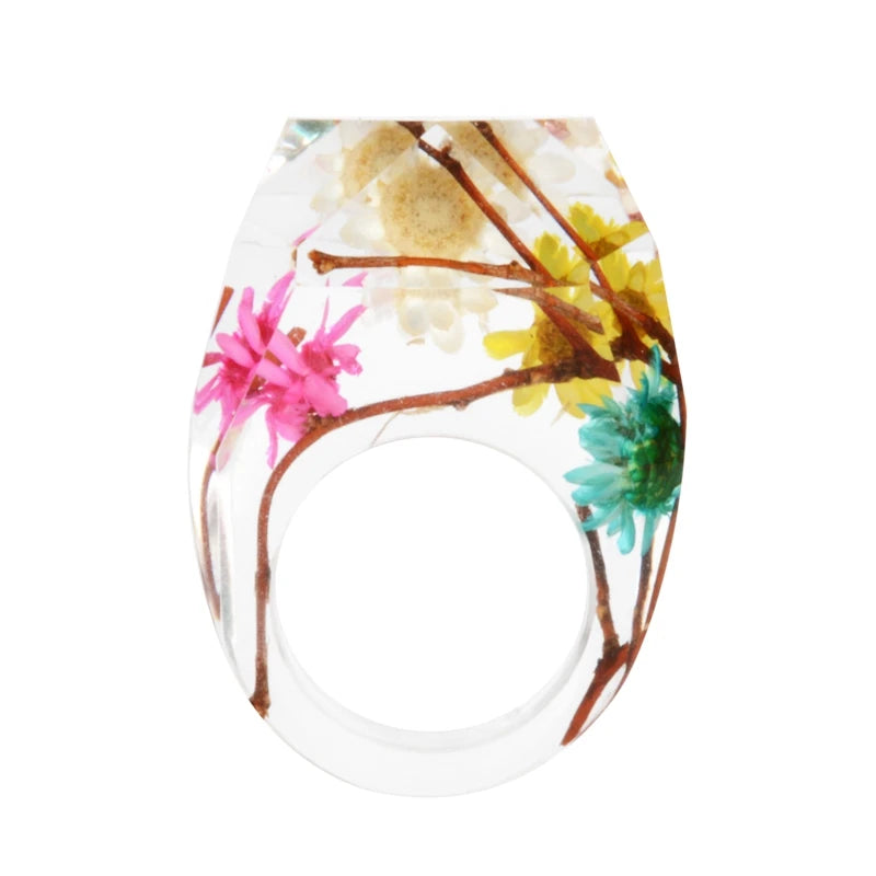 New Transparent Forest Handmade Dried Flower Resin Ring Colorful Ink Pattern Scenery for Women Fashion Jewelry Ring