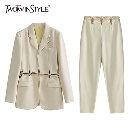 TWOTWINSTYLE Elegant Solid Two Piece Women Notched Long Sleeve Cut Out Top High Waist Wide Leg Pants Loose Women's Suits Stylish