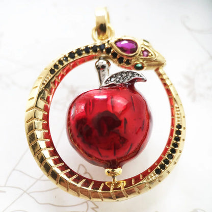 Rotating Red Apple With Golden Snake Pendant