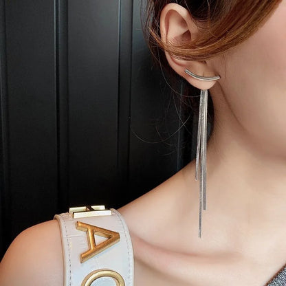 LATS 2022 Korean Vintage Glossy Arc Bar Long Thread Tassel Drop Earrings for Women Geometric Fashion Jewelry Hanging Pendientes