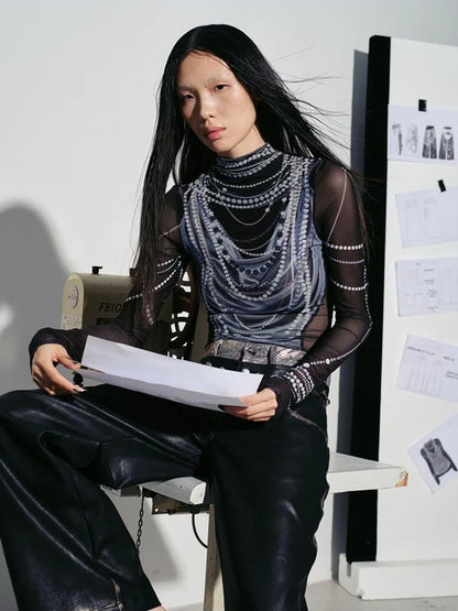 Luminous Pearl Graphic Gauze Fashion Top