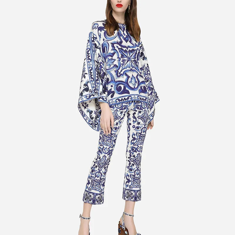 Blue Porcelain Batwing Printed Two Piece Set