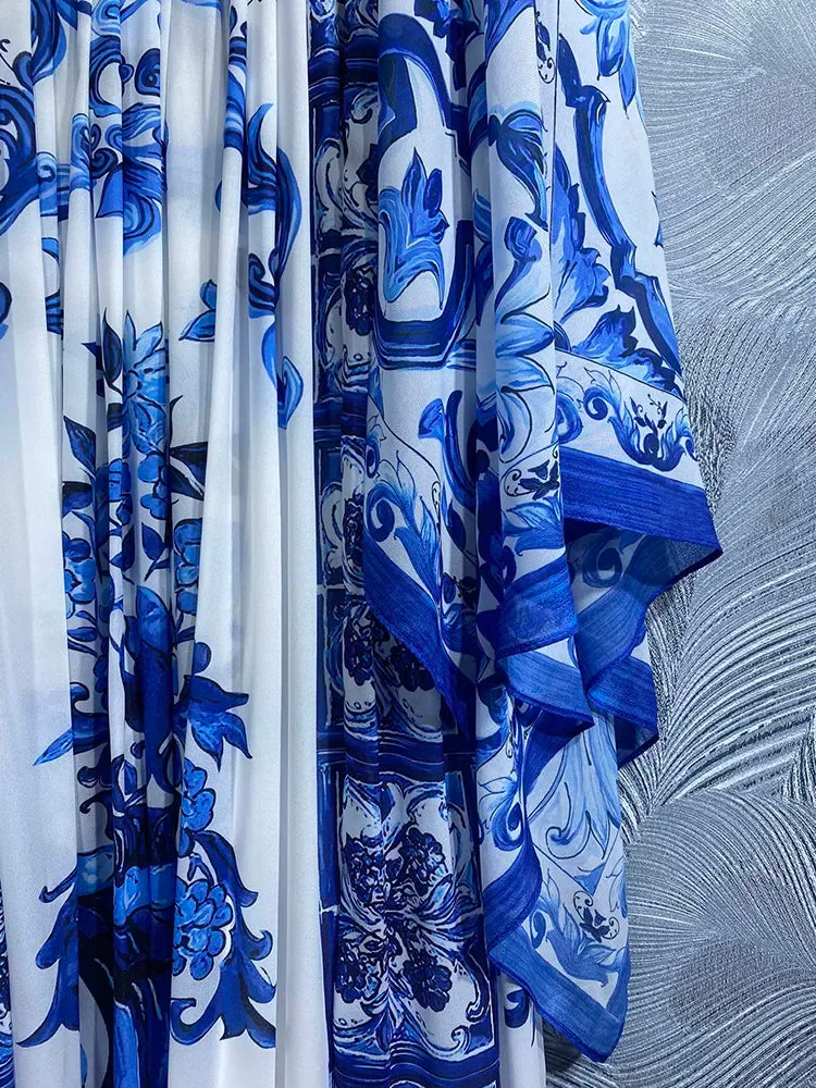 Blue and White Porcelain-Inspired Maxi Dress