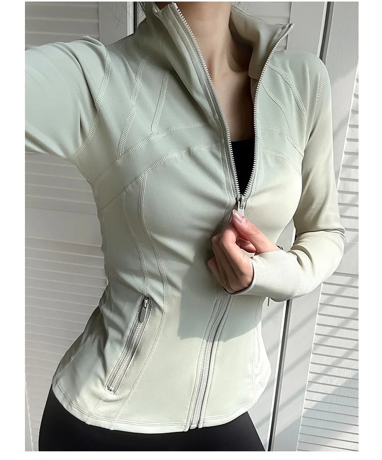 Aiithuug Side Pockets Thumbholes Yoga Jackets Women's Stand-up Collar Slimming Fit Coat Breathable Pilates Fitness Workout Tops