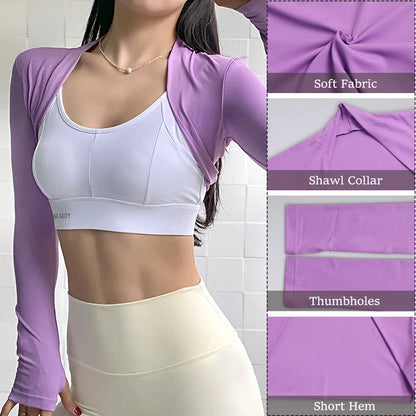 Aiithuug Yoga Shawl with Thumbholes Women's Short Hem Cropped Sweatshirt Long Sleeve Open Front Bolero Shrug Gym Pilates Casual