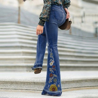 Flared Embroidered Denim Wide Leg Pants