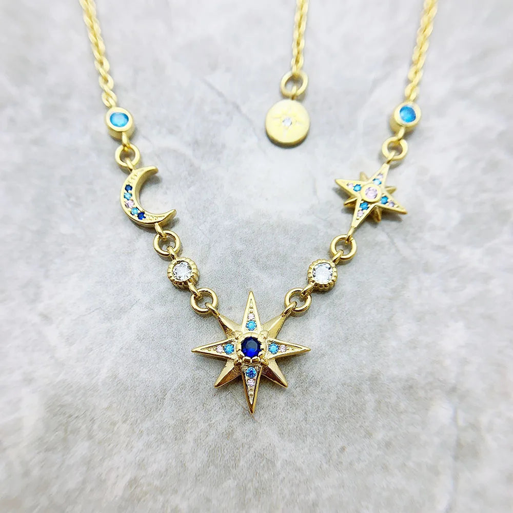 Royalty Star & Moon Gold 925 Stering Silver Necklace