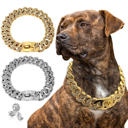 32MM Alloy Dog Collar Chain Diamond Inlay Sparkle Bulldog Necklace Cat Collars Pet Accessories Small Medium Large Dogs Golden