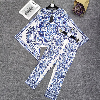 Blue Porcelain Batwing Printed Two Piece Set