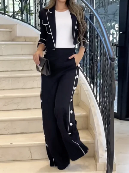 Missuoo Urban Female 2024 New Commuter Pants Set Notched Collar Jacket and Side Buttoned High Waist Wide Leg Pants Casual Suits