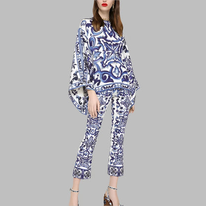 Blue Porcelain Batwing Printed Two Piece Set