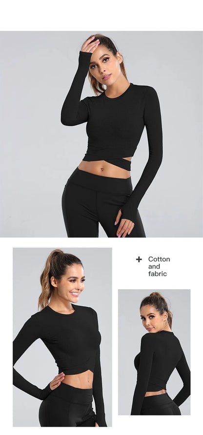 Aiithuug Miidriff Long Sleeve Yoga Tops Sports Fitness Crop Top Gym Shirts Slim Fit Running Tank Tops Criss Cross Waist Cross