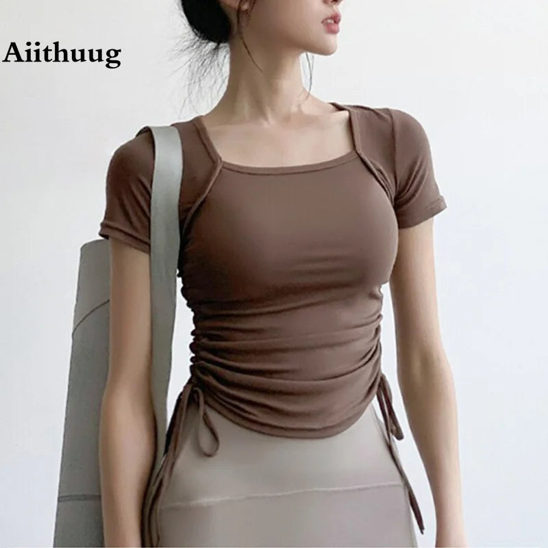 Aiithuug Yoga Shirts Drawstring Yoga Tops Gym Shirt Workout Top Fitness Crops Yoga Crop Top Sports Active Wearing Short Sleeve