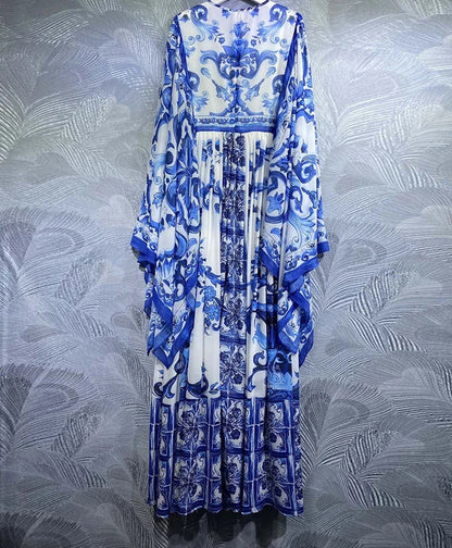 Blue and White Porcelain-Inspired Maxi Dress