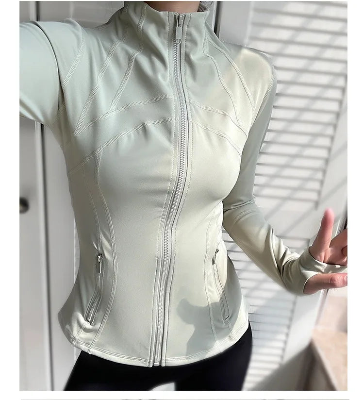 Aiithuug Side Pockets Thumbholes Yoga Jackets Women's Stand-up Collar Slimming Fit Coat Breathable Pilates Fitness Workout Tops