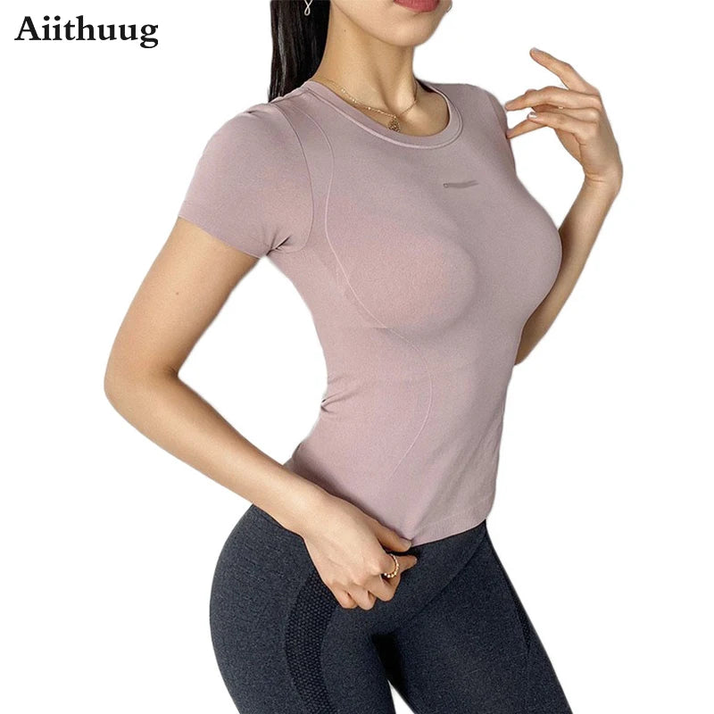 Aiithuug S-shaped Waist Stitches Yoga Tops Short Sleeve Quick Dry Gym Shirts Stretch Breathable Daily Sports Tennis Golf Tops