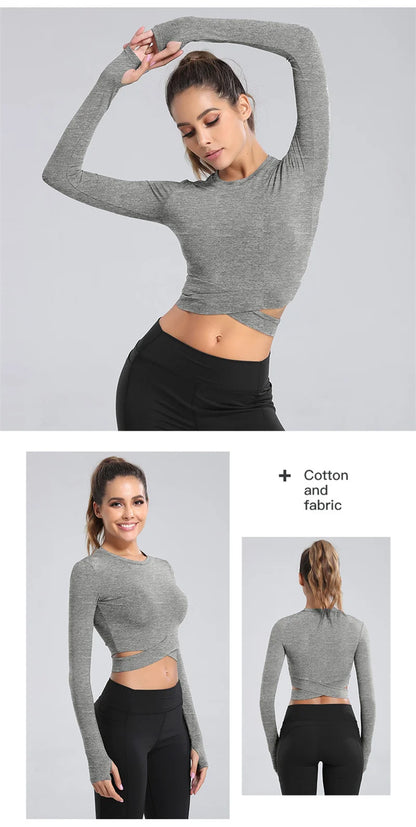 Aiithuug Miidriff Long Sleeve Yoga Tops Sports Fitness Crop Top Gym Shirts Slim Fit Running Tank Tops Criss Cross Waist Cross