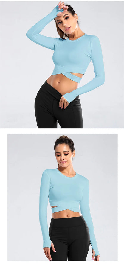 Aiithuug Miidriff Long Sleeve Yoga Tops Sports Fitness Crop Top Gym Shirts Slim Fit Running Tank Tops Criss Cross Waist Cross