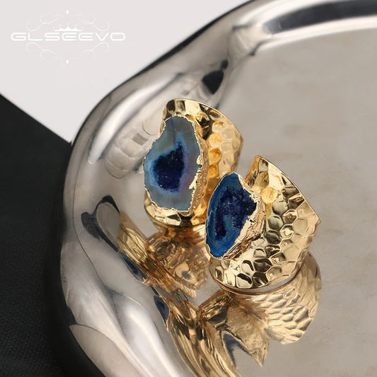 GLSEEVO Blue Natural Stone Woman Ring Vintage Antique Ladies Valentine's Day Ladies Engagement Wedding Ring Accessories Birthday