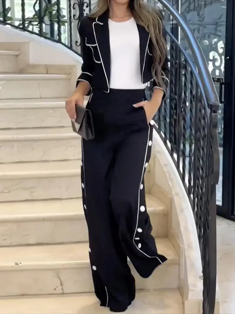 Missuoo Urban Female 2024 New Commuter Pants Set Notched Collar Jacket and Side Buttoned High Waist Wide Leg Pants Casual Suits