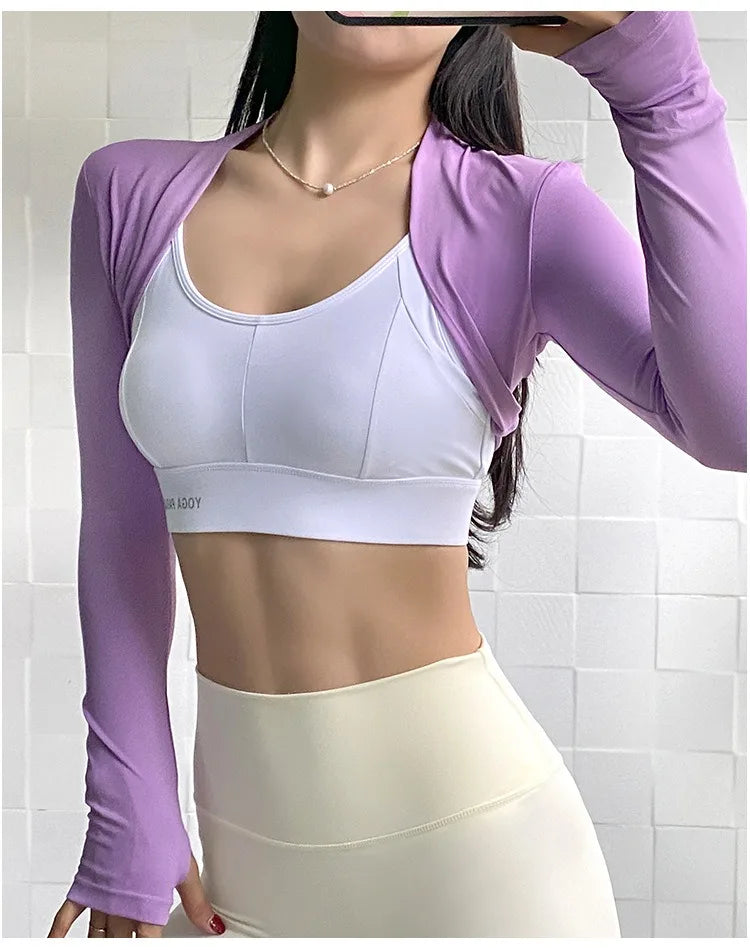 Aiithuug Yoga Shawl with Thumbholes Women's Short Hem Cropped Sweatshirt Long Sleeve Open Front Bolero Shrug Gym Pilates Casual