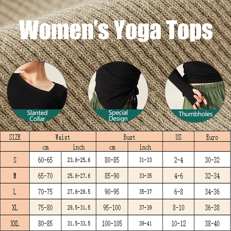 Aiithuug Slanted Neck Inverted Triangle Hem Side Drawstring Yoga Tops with Thumbholes Women's Slim Fit Dancing Pilates Sportwear