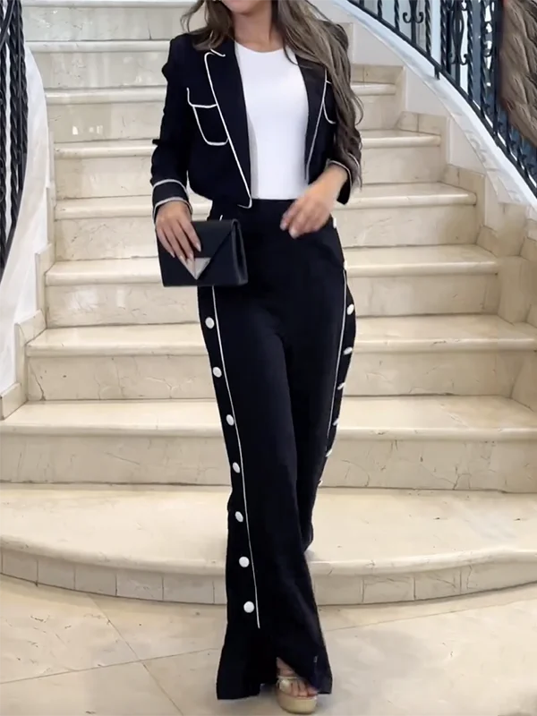 Missuoo Urban Female 2024 New Commuter Pants Set Notched Collar Jacket and Side Buttoned High Waist Wide Leg Pants Casual Suits