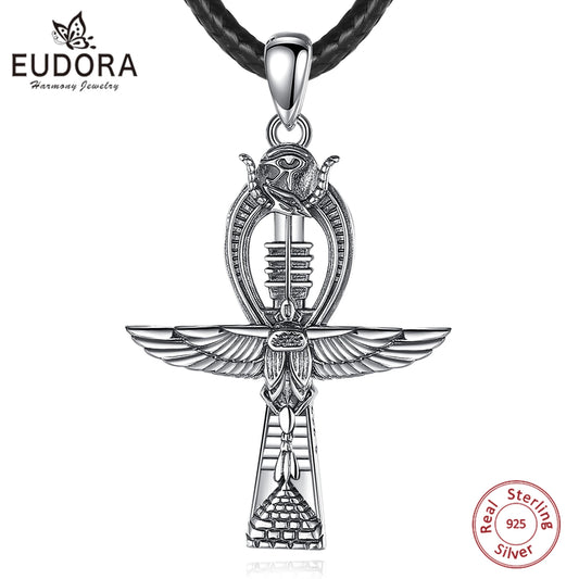 Eudora 925 Sterling Silver Ankh Cross Necklace for Women Man Eagle Scarab Eye Of Horus Amulet Pendant Egyptian Jewelry Fine Gift