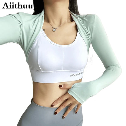 Aiithuug Yoga Shawl with Thumbholes Women's Short Hem Cropped Sweatshirt Long Sleeve Open Front Bolero Shrug Gym Pilates Casual