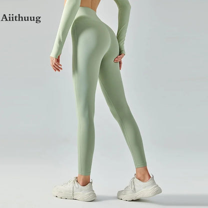 Aiithuug Soft Stretchy Elastic Yoga Leggings Gym Legging Sports Jogging Running Pants Sports Tights Pilates Cream Feel Free