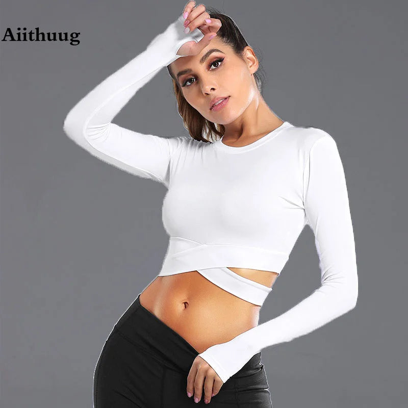 Aiithuug Miidriff Long Sleeve Yoga Tops Sports Fitness Crop Top Gym Shirts Slim Fit Running Tank Tops Criss Cross Waist Cross