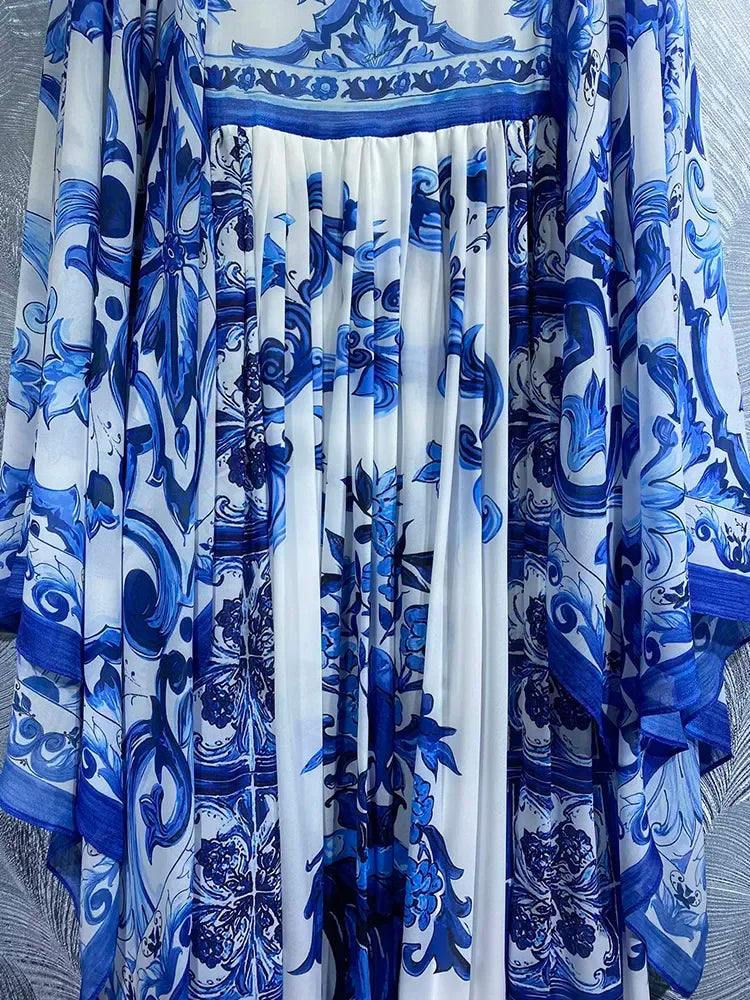 Blue and White Porcelain-Inspired Maxi Dress