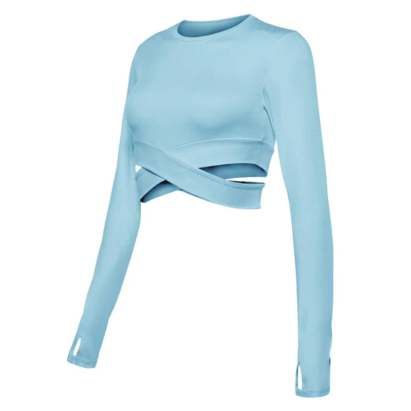 Aiithuug Miidriff Long Sleeve Yoga Tops Sports Fitness Crop Top Gym Shirts Slim Fit Running Tank Tops Criss Cross Waist Cross