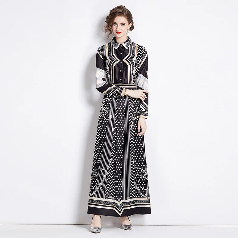 New 2024 Spring Autumn Fashion Chain Print Maxi Dress Women Shirt Collar Long Sleeve Single Breasted High Waist Robe Vestidos