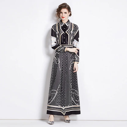 New 2024 Spring Autumn Fashion Chain Print Maxi Dress Women Shirt Collar Long Sleeve Single Breasted High Waist Robe Vestidos