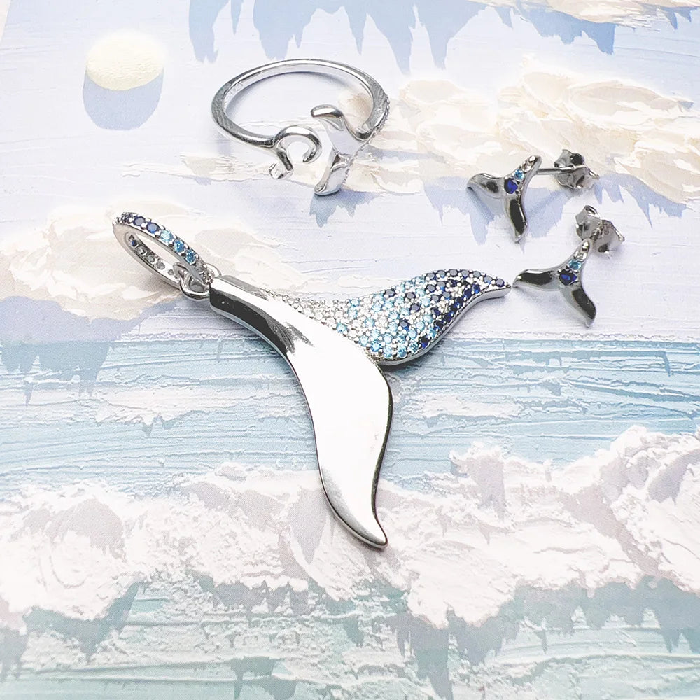 Dolphin Tail Fin Ring Ear Stud Pendant Jewelry Set 925 Sterling Silver