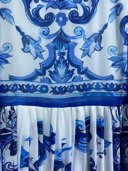 Blue and White Porcelain-Inspired Maxi Dress