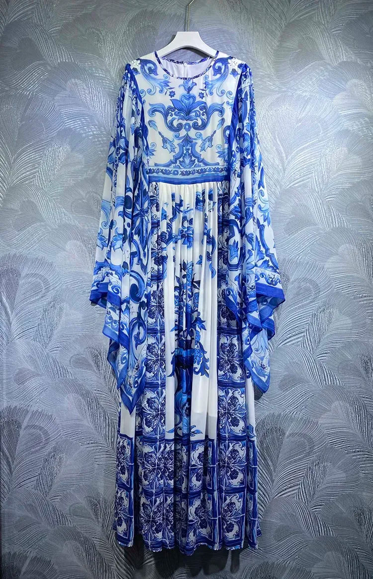 Blue and White Porcelain-Inspired Maxi Dress