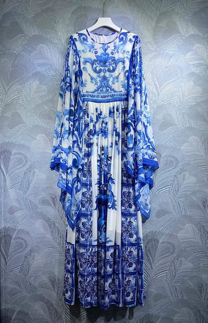 Blue and White Porcelain-Inspired Maxi Dress