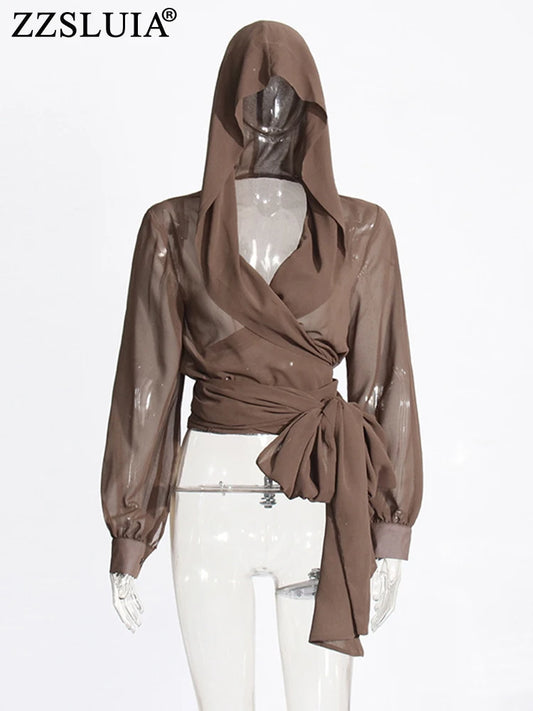 Elegant Hooded Sheer Hooded Blouse