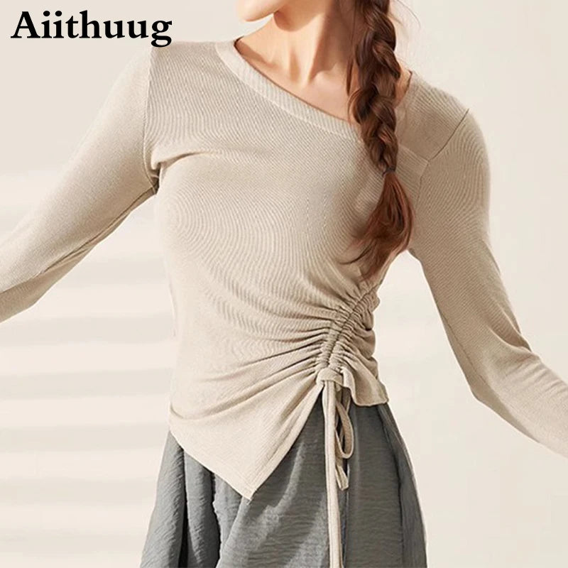 Aiithuug Slanted Neck Inverted Triangle Hem Side Drawstring Yoga Tops with Thumbholes Women's Slim Fit Dancing Pilates Sportwear