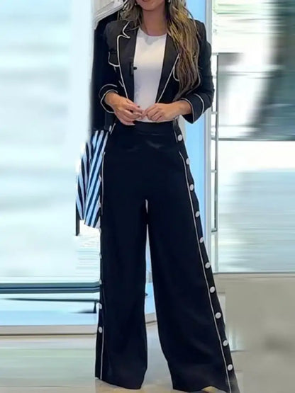 Missuoo Urban Female 2024 New Commuter Pants Set Notched Collar Jacket and Side Buttoned High Waist Wide Leg Pants Casual Suits