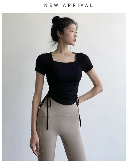 Aiithuug Yoga Shirts Drawstring Yoga Tops Gym Shirt Workout Top Fitness Crops Yoga Crop Top Sports Active Wearing Short Sleeve