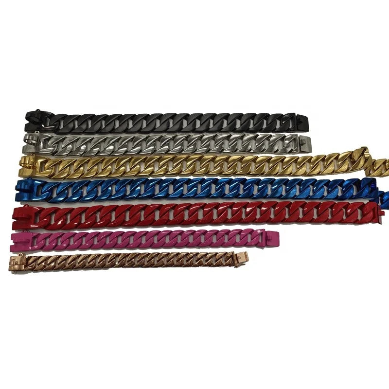 High Quality Stainless Steel Large Breed Dog Harness Luxury Pink Colour Plated Cuban Link Chain Bulldog Collar