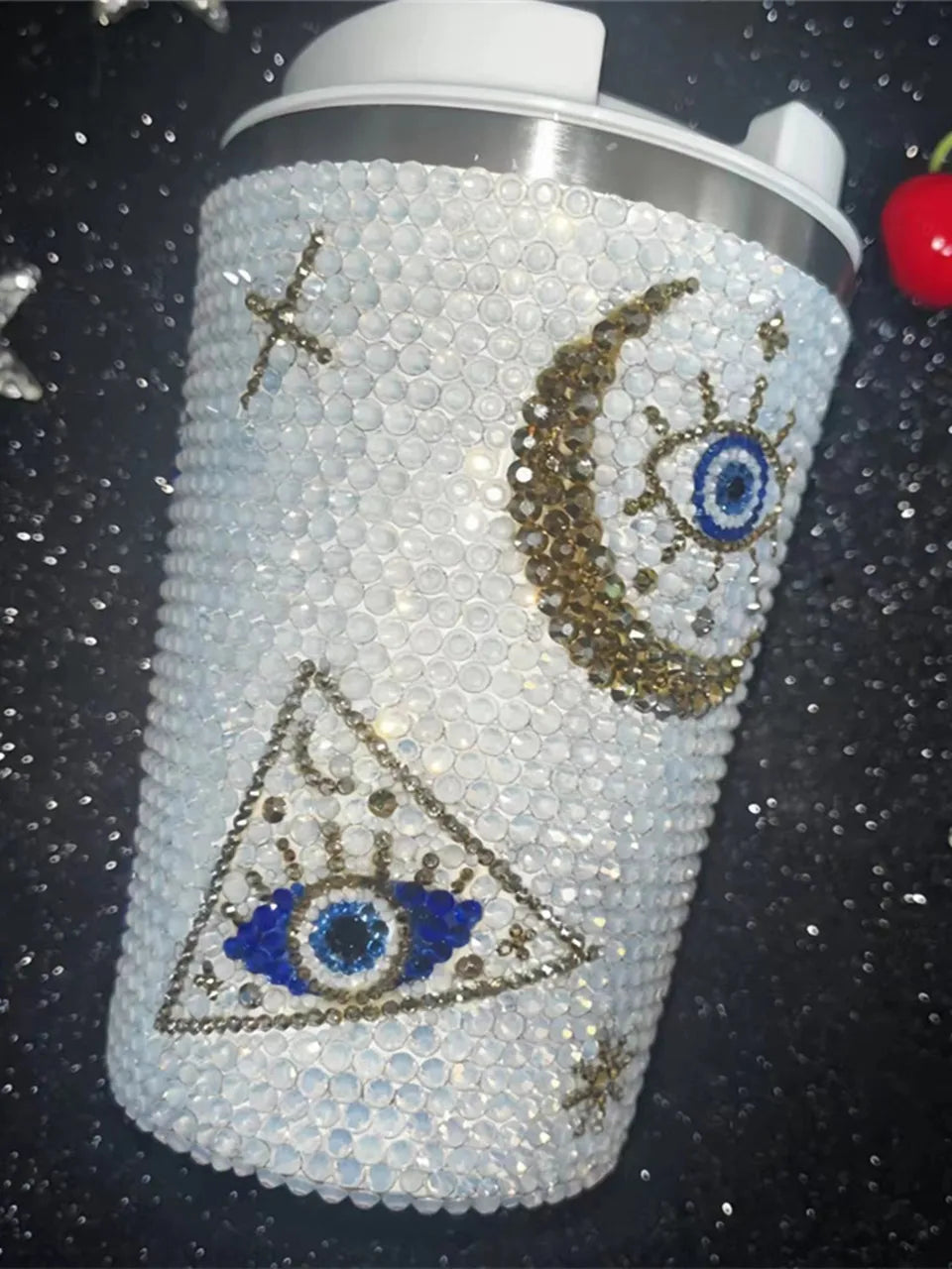 380ML White Opal Evil Eyes Sparkle DIY Handmade Rhinestone Coffee Car Mug Photo Props