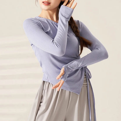 Aiithuug Slanted Neck Inverted Triangle Hem Side Drawstring Yoga Tops with Thumbholes Women's Slim Fit Dancing Pilates Sportwear